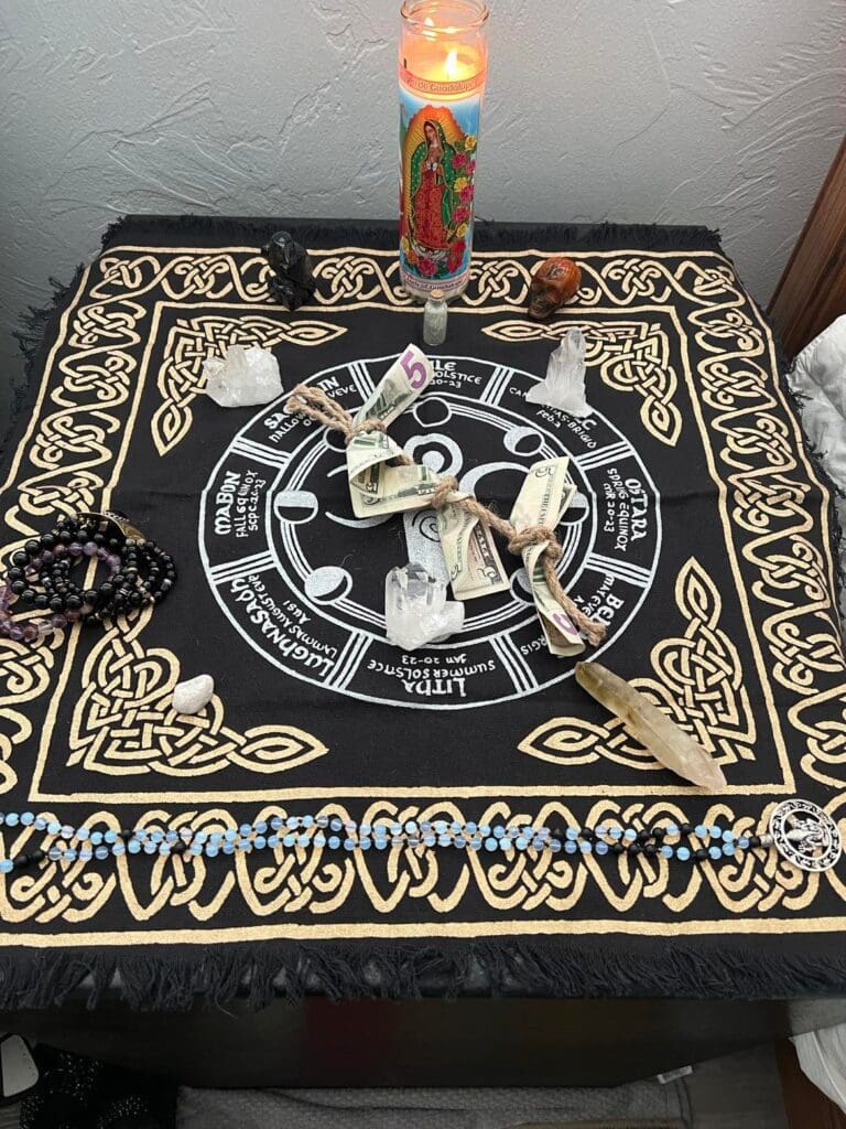 My current sacred space set up with crystals and beads.